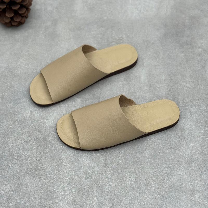 Johnature Retro Genuine Leather Flat Slippers Leisure Versatile Peep Toe Soft Sole Women's Outdoor Slides