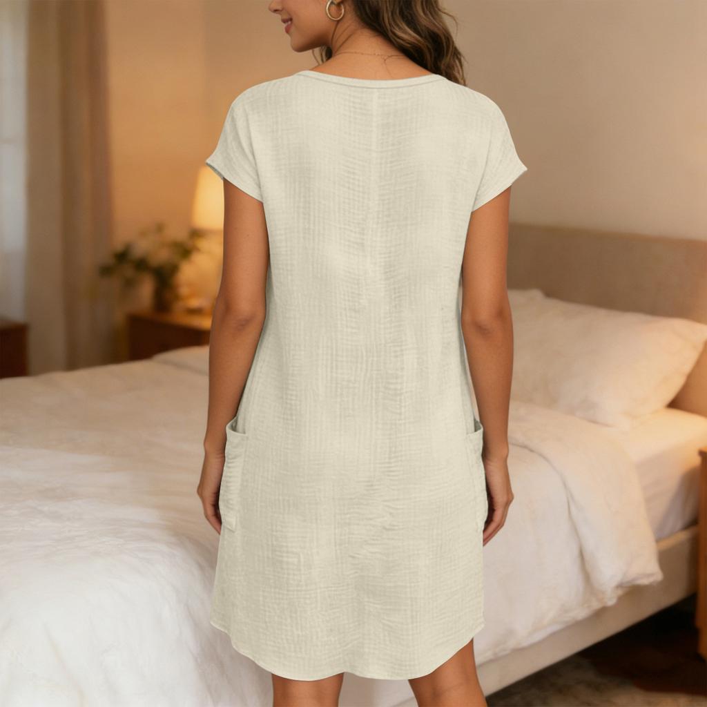 Women Short Sleeve Button Front Casual Loose Fit Dress with Pockets Round Neck Summer Lightweight Tunic Dress