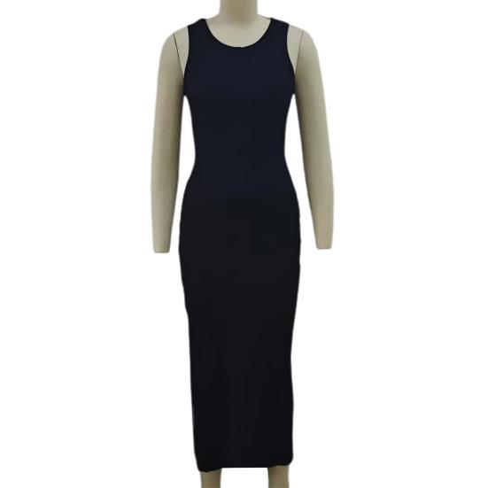 Summer Women Dress Sleeveless Split Hem Solid Color O Neck Elastic Sheath High Waist Ankle Length Skinny Solid Color Party Club Maxi Dress