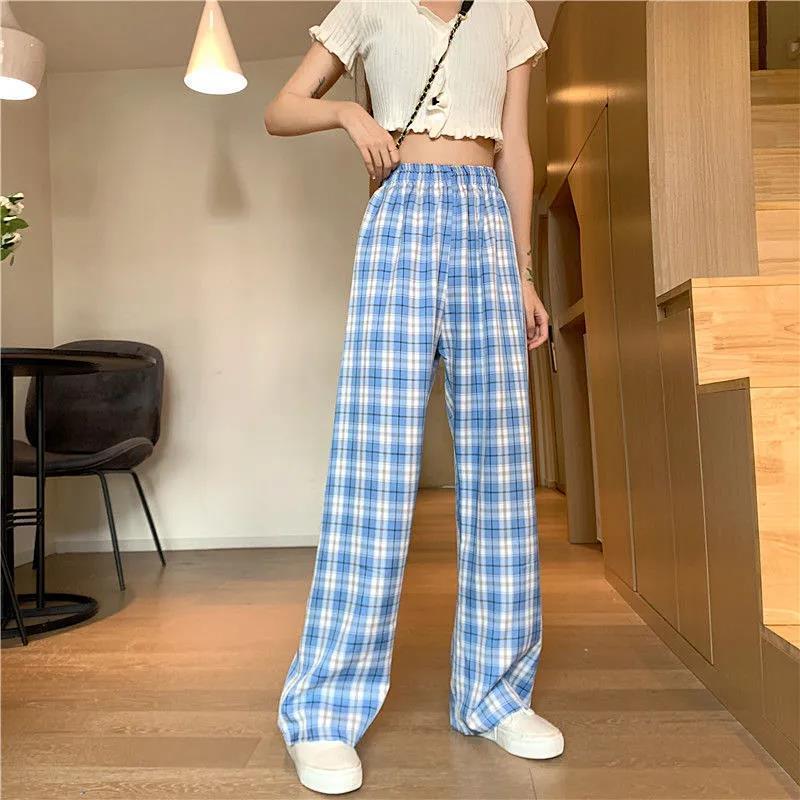 Vintage Plaid Women Pants High Waist Wide Leg Straight Pant Loose Casual Female Trousers Wide Leg Pant Fashion