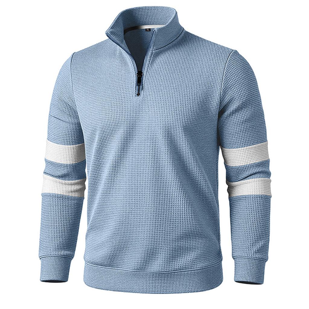 Men's Long Sleeve Quarter Zip Waffle Knit Pullover Sweater Loose Fit Stand Collar Casual Top with Color Block Sleeve Stripes