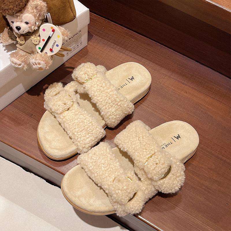 

2025 new spring and autumn flat-bottomed comfortable sheep curl fur belt buckle shoes women wear fashionable open-toed shoes women s trendy shoes 35