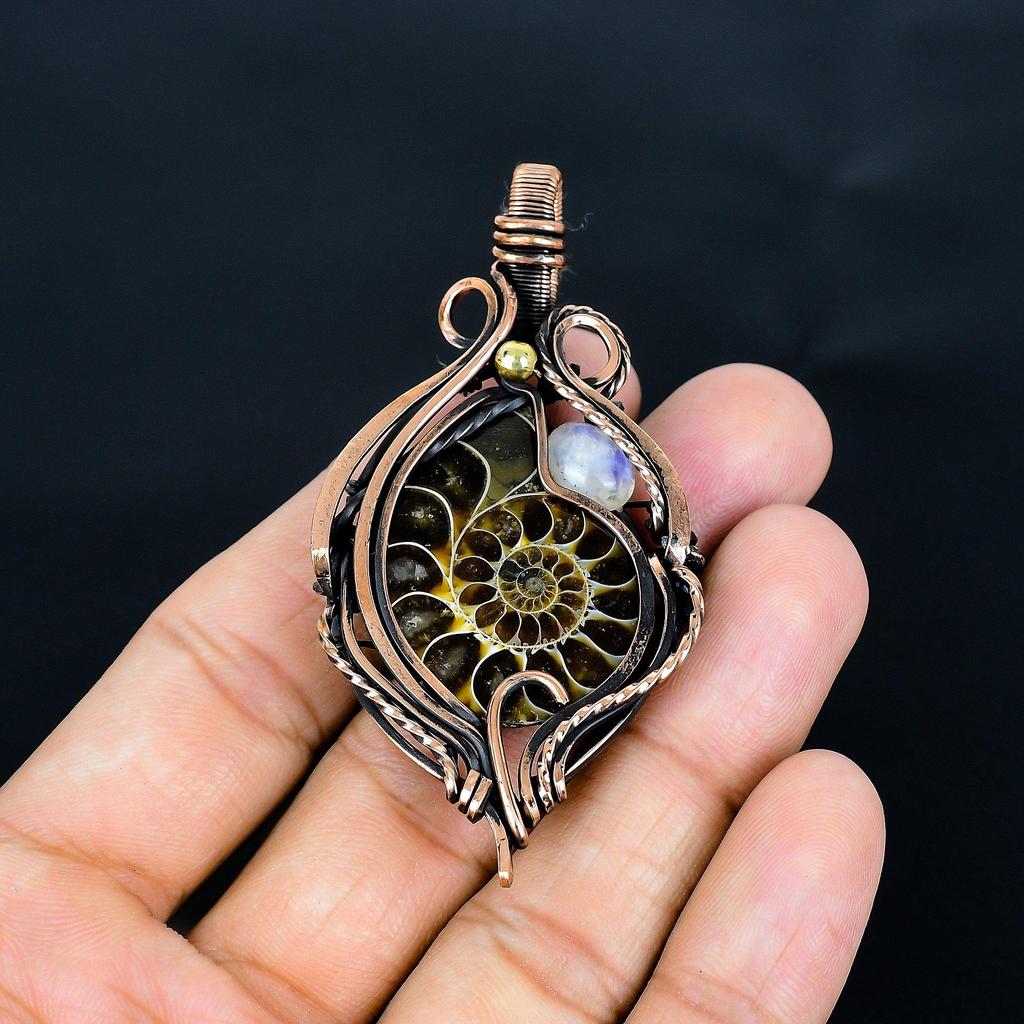 Ammonite Fossil & Rainbow Moonstone 999 Copper Wire Wrapped Pendant, Handmade Gemstone Jewelry Pendant For Memorial Day