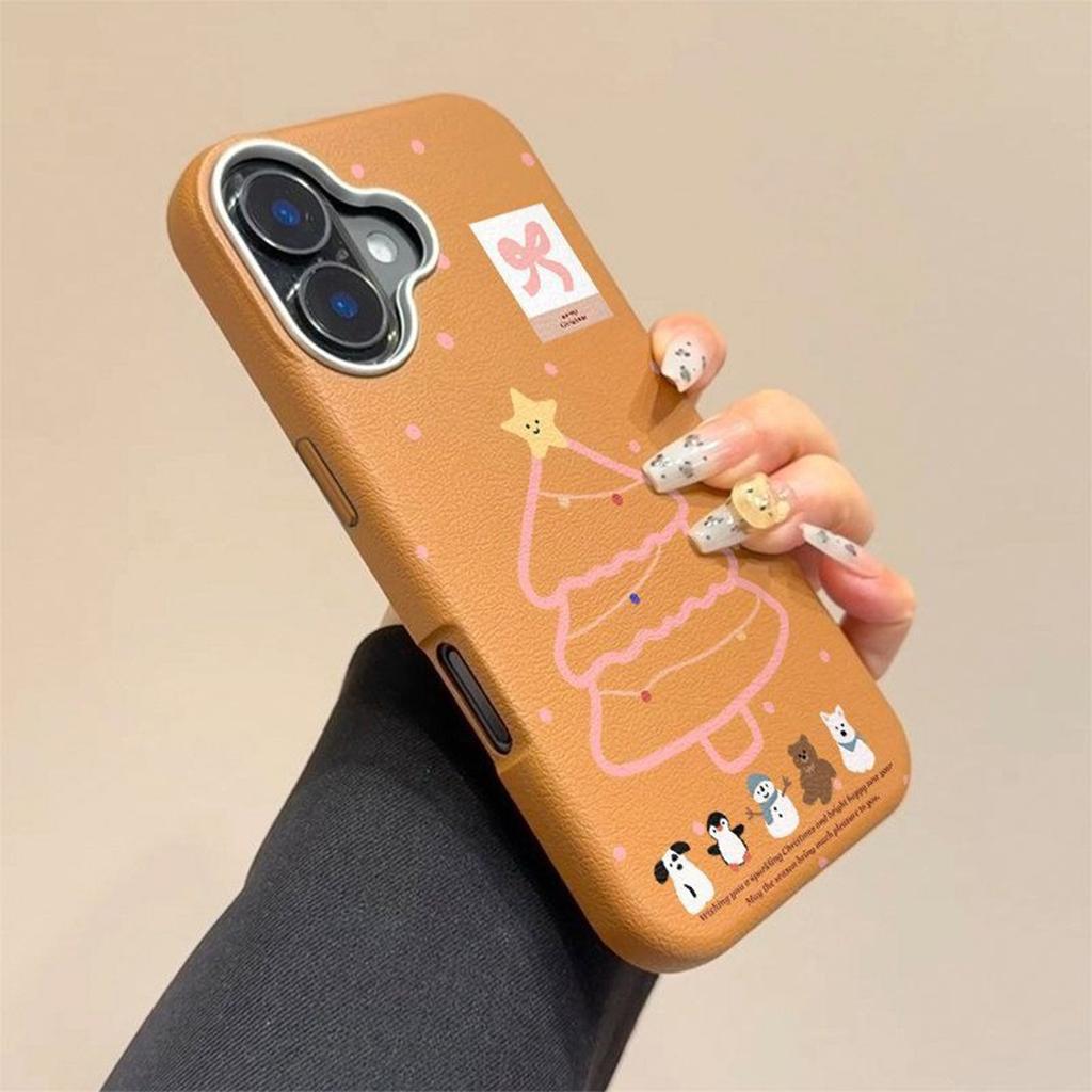 Cartoon Tier Weihnachtsbaum Handyhülle für IPhone Handyhülle mit Schlüsselbandloch Ledertextur Stoßfeste Hülle Schutzhülle