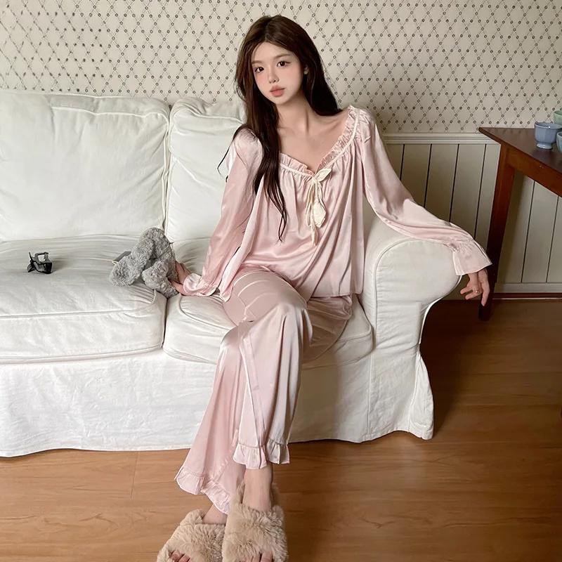 

Пижамы женские новые весенне-осенние пуловеры с длинными рукавами из двух частей костюм французская высококачественная домашняя одежда XL розовый