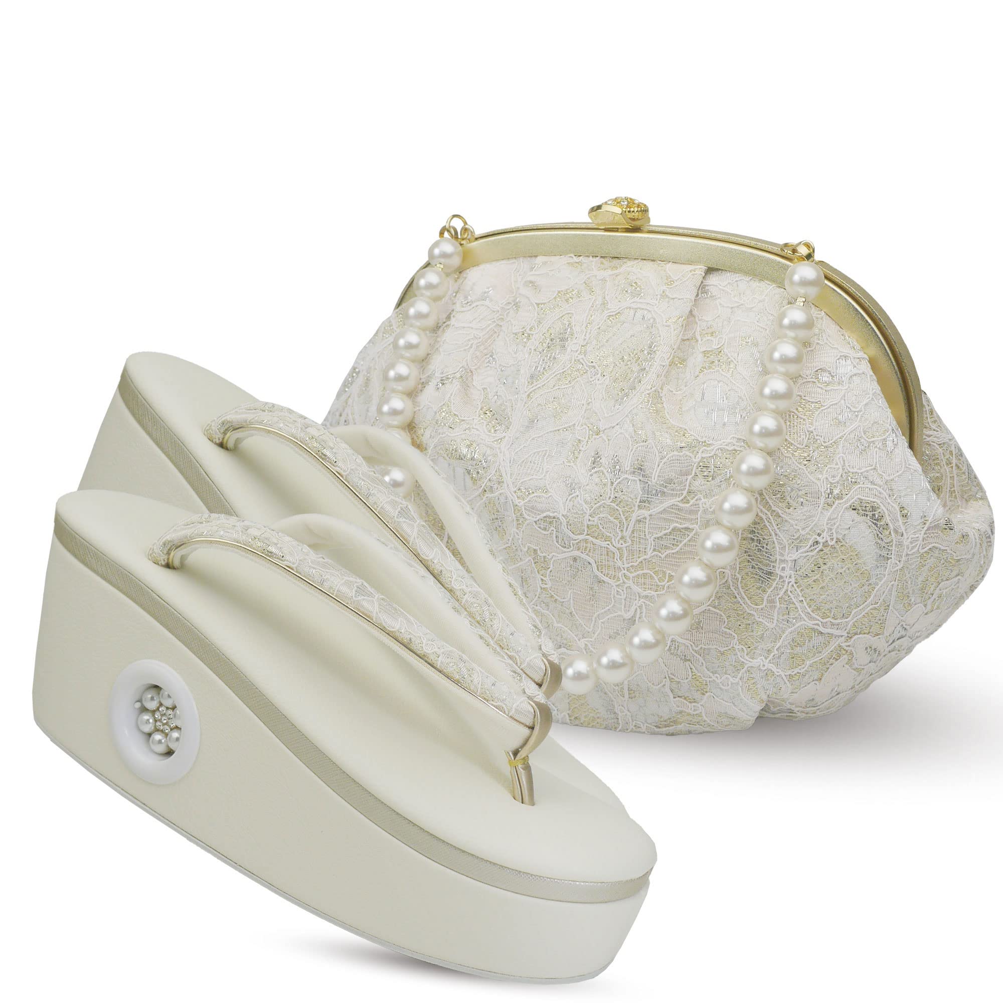 

Hanasansai Zori Сумка На товстому каблуці Зроблено в Розкішна сумка Zori [NISHIORI] Набір, Мереживо, Перли, Підошва, Сандалі, Японія, Кімоно, Хомонґі, Фурісоде, Себі-ан, (L, золотий