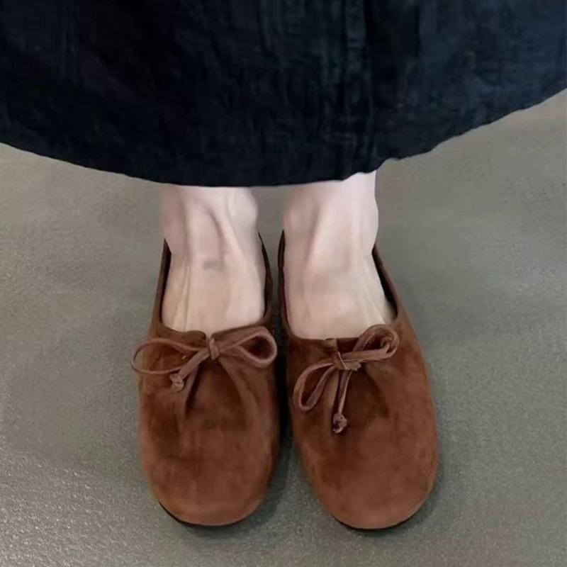 Sheepskin Version~ Retro Niche Suede Bow Round Head Loafers Women's Autumn Versatile Flat-soled Single Shoes
