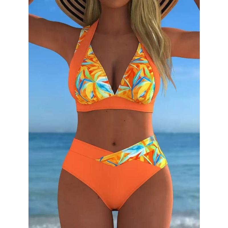 Costume da bagno Bikini da donna con stampa a splicing europea e americana, scollo arricciato, costume da bagno da spiaggia a due pezzi a vita alta per coprire la pancia e sembrare snelle