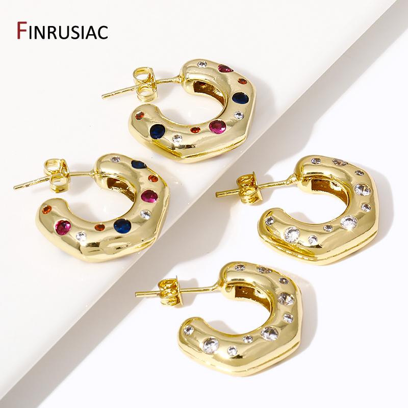 New Trendy Colorful Zircon C-Shape Stud Earrings For Women Brass Open Ear Stud Party Jewelry Accessories