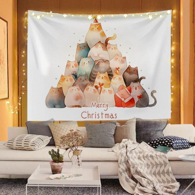 Cute Christmas Cats Tapestry Wall Hanging Kittens Santa Hat Xmas Holiday Aesthetic Wall Art Bedroom Living Room Decor