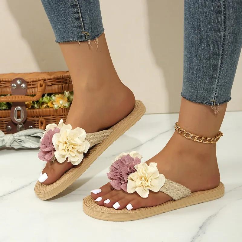 Módní Dekorace Ležérní Ploché Pantofle Boty pro Ženy Nazouváky Nové Letní Pantofle Venkovní Plážové Žabky Roztomilý Květinový Mašle