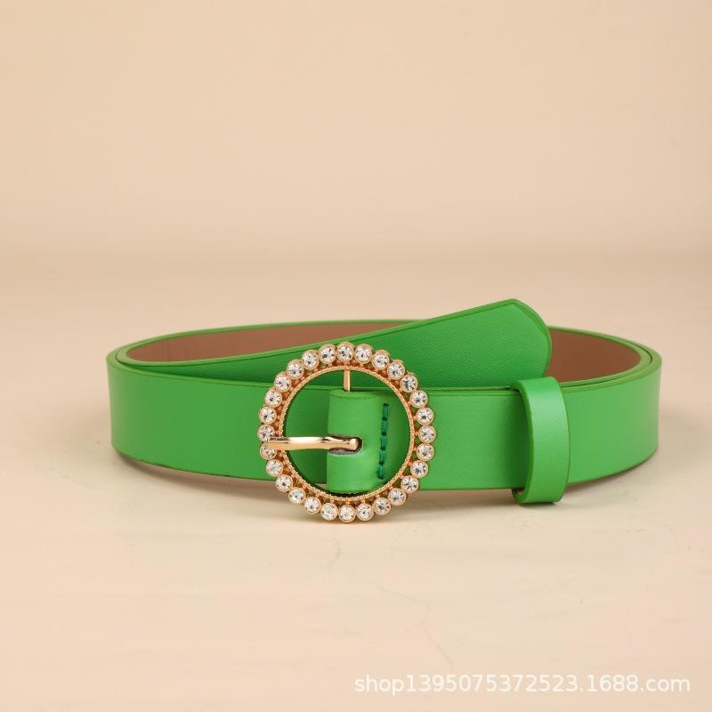 

New arrival belt women s fashion inlaid rhinestone round buckle retro decorative dress belt 105cm зелений