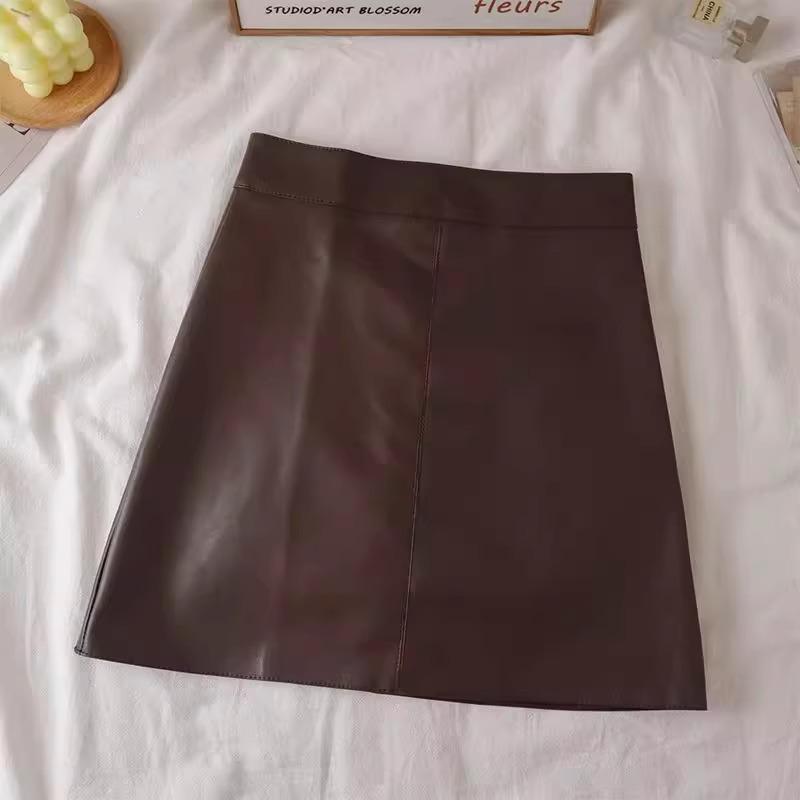 Autumn/Winter 2023 Women's PU Leather A-Line Skirt - High Waist, Slim Fit, Knee-Length, Casual Korean Style