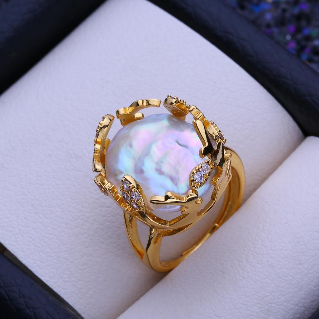 Fenasy Store barokke ringer med naturlige ferskvannsperler for kvinner Mote Damers Kubisk Zirkonia Stor Perlering Gave