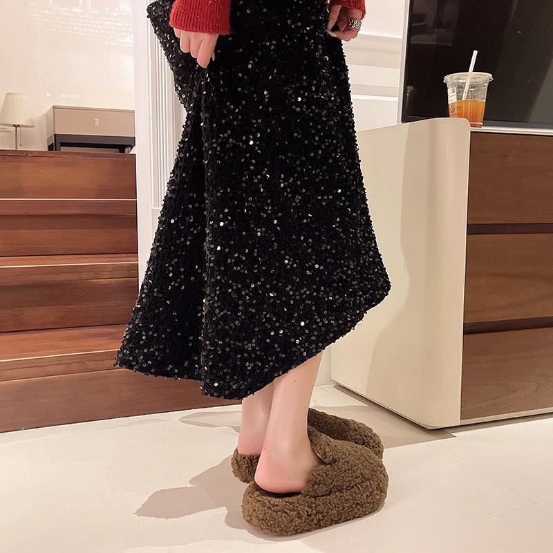 

Leopard print lamb wool thick bottom heightening fluff slippers women s autumn and winter new outer wear bag head fleece warm home cotton mop 40