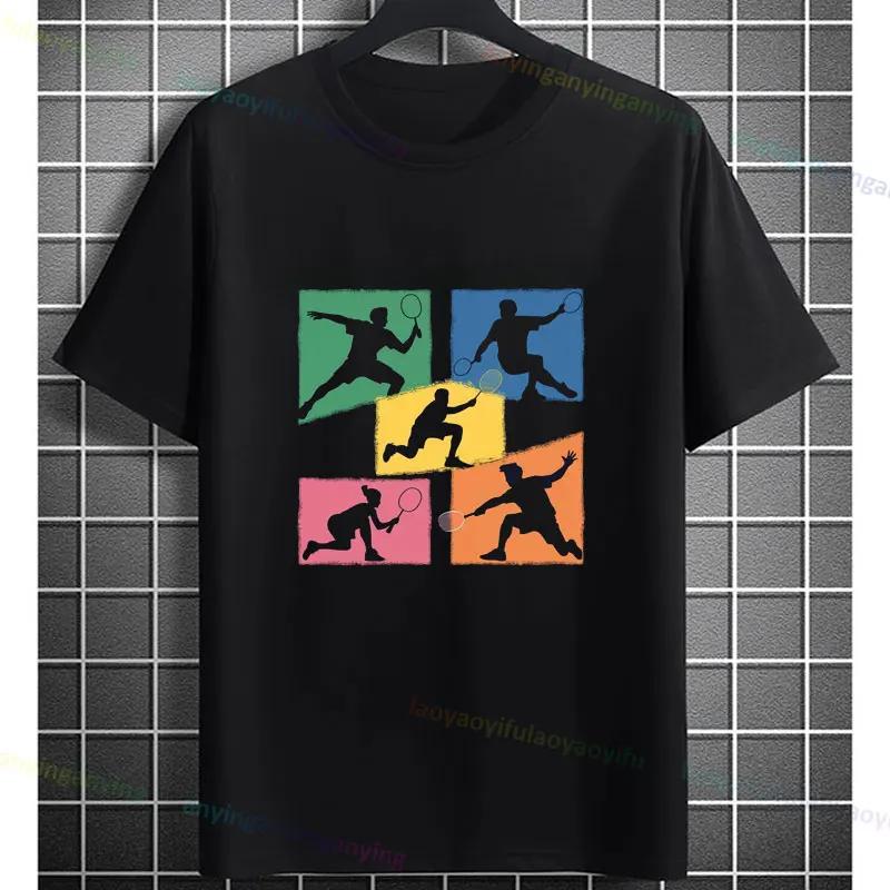 Unisexs Casual Crew Neck Tshirt With Geometric Badminton Players Print Fashion Shortsleev Cotton Tshirt Allseason Sportswear