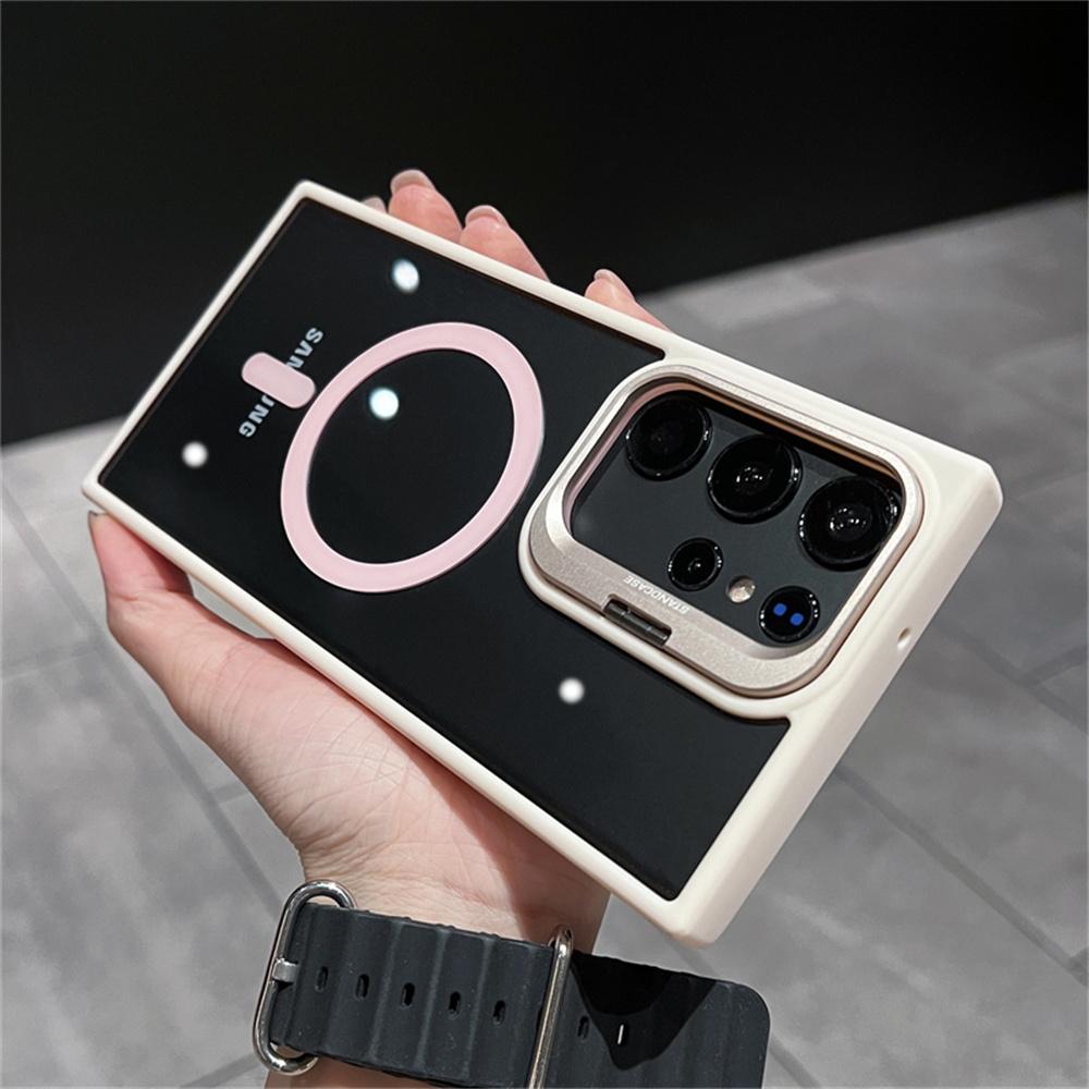 For Magsafe Transparent Magnetic Phone Case For Samsung S25 S24 S23 Ultra S22 Plus Luxury FoldLens Stand Holder Acrylic Cover