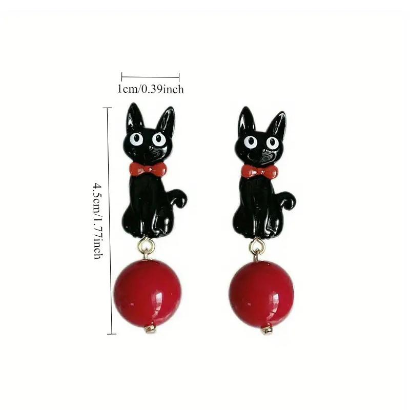 Sweet Cool Cartoon Black Cat Earrings Able Women Personality Temperament Red Pearl Pendant Earrings Simple High-End