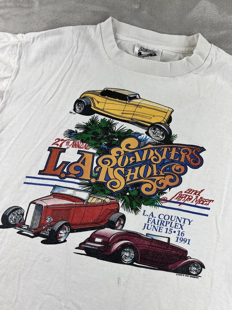 

Vintage 1991 LA Roadsters Car Show Shirt Mens Medium White Hot Rod Graphic Unisex T-Shirt XXL