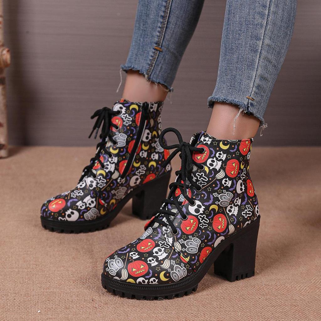 Autumn Winter Plus Size Women's Skull Head Coarse Heeled Short Boots Comfortable Warm Round Headed High-heeled Martin Boots Shoes 36-42