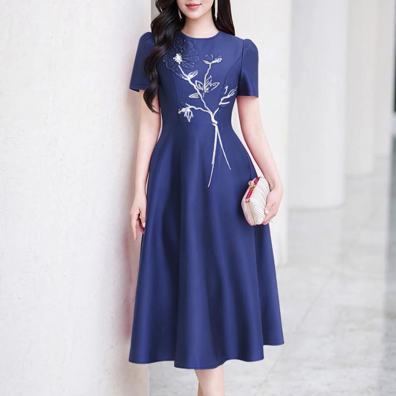 

ZANZEA Женское повседневное платье с цветочным принтом, круглым вырезом и короткими рукавами 4XL тёмно-синий