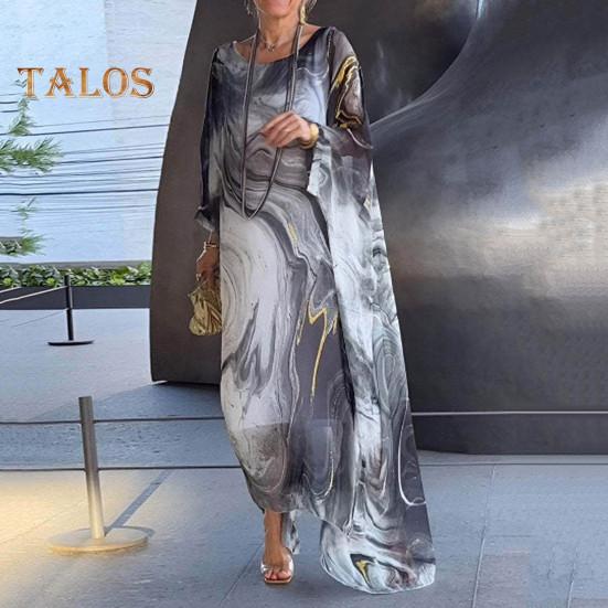 Rochie maxi pentru femei, fluidă, cu gât rotund, mâneci liliac neregulate, cu texturi de marmură, imprimate supradimensionate, până la gleznă, ocazională.