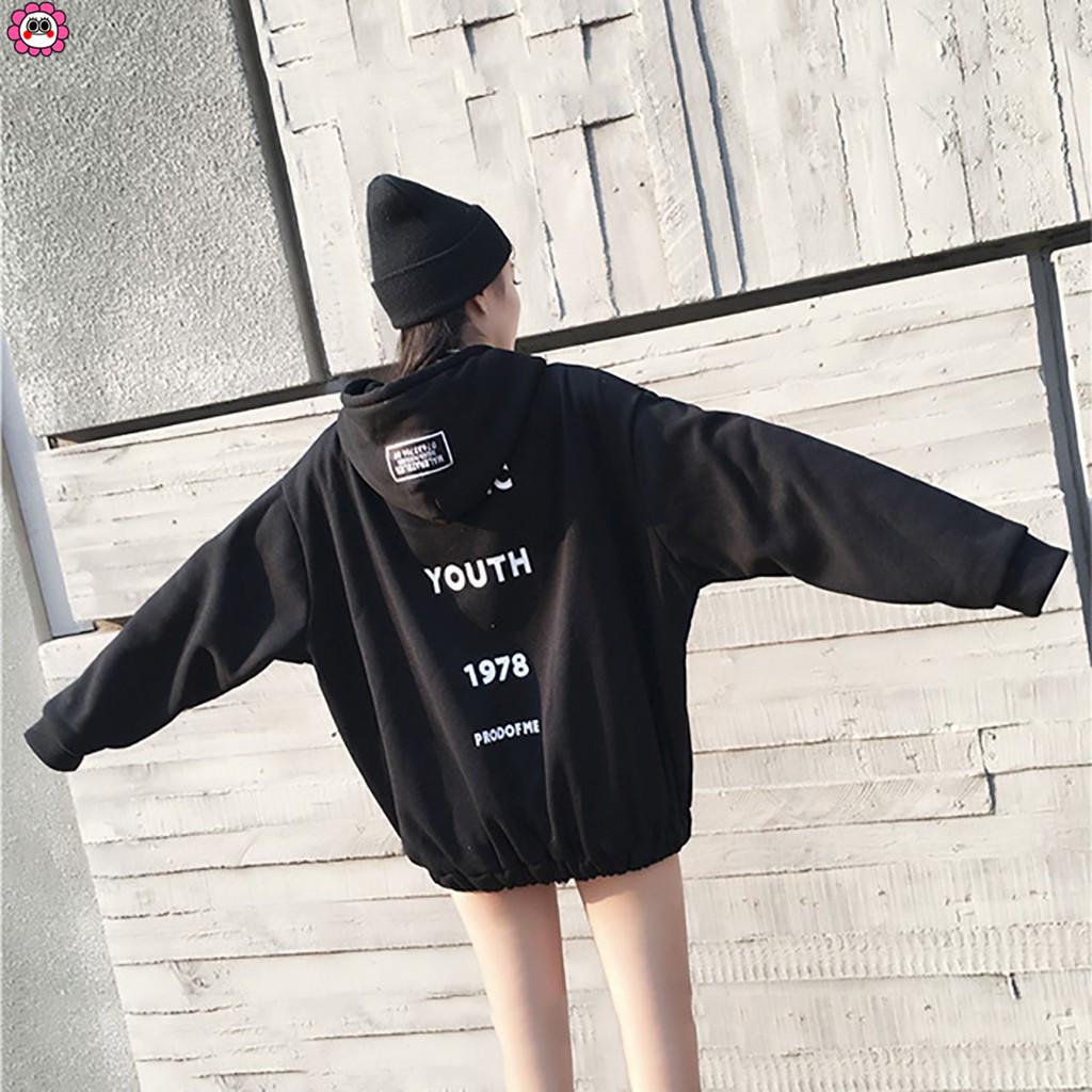 QingFan Fashion Tragic Youth 1978 Letter Womens Loose Hooded Large Size Zipper Thickening Plus Velvet Sweater Pockets QingFan Fashion Tragic Youth 1978 Letter Womens Loose Hooded Large Size Zipper Thickening Plus Velvet Sweater Pockets