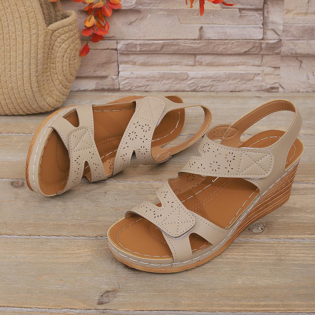 Round head large size Velcro sandals women's popular new bohemian slope heel one-word women's shoes