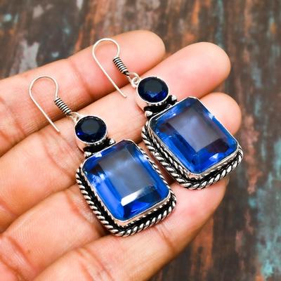Swiss Blue Topaz, Gemstone Handmade Solid 925 Sterling Silver Jewelry Earring For Thanksgiving