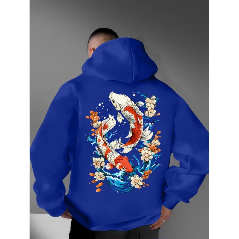 Unisex Oversized Hooded Sweatshirt With Japanese Ukiyo-e Cherry Blossom Koi Fish Print Soft Fleece-Lined Casual Top