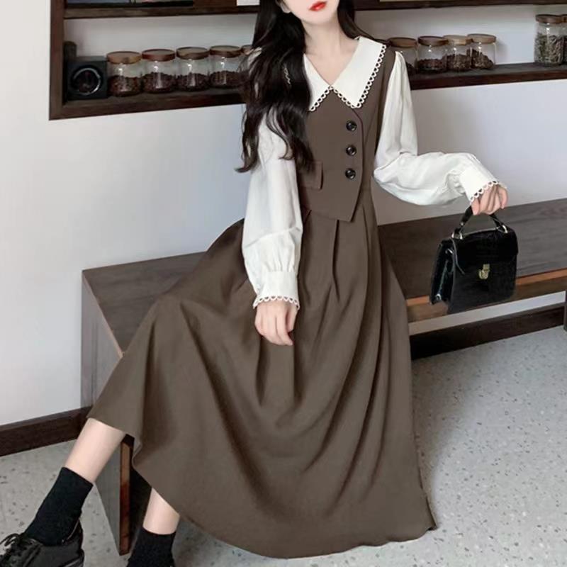 Spring Autumn Elegant Fashion Fake Two Pieces A-line Dress Ladies Long Sleeve Vintage Patchwork Robe Vestidos