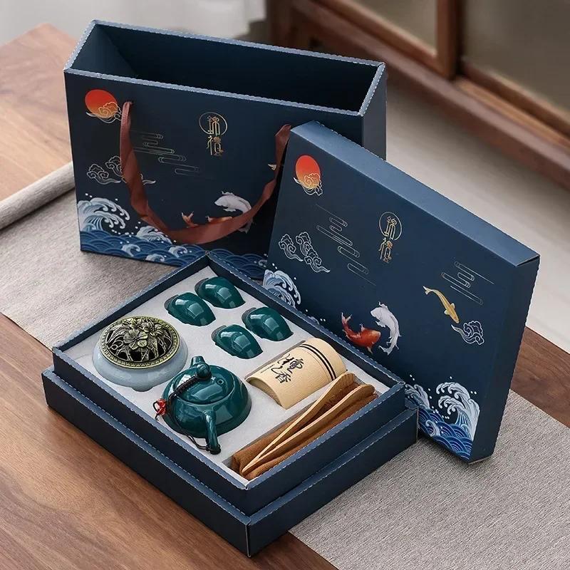 

KungFu Tea Set Incense Burner Gift Box Ceremony One Pot Four Cups Can Sandalwood Incense Burner Chinese Ceramic Portable Tea Set