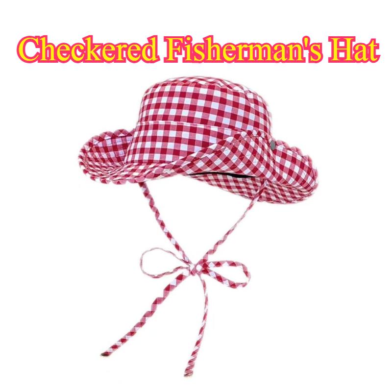 Freedom Outdoors Women's Red Vintage Plaids Bucket Hats Versatile Sweet Lace-Up Fisherman's Hat Summer Big Brim Sun Protection Uv Protection Sun Hat 56-58Cm