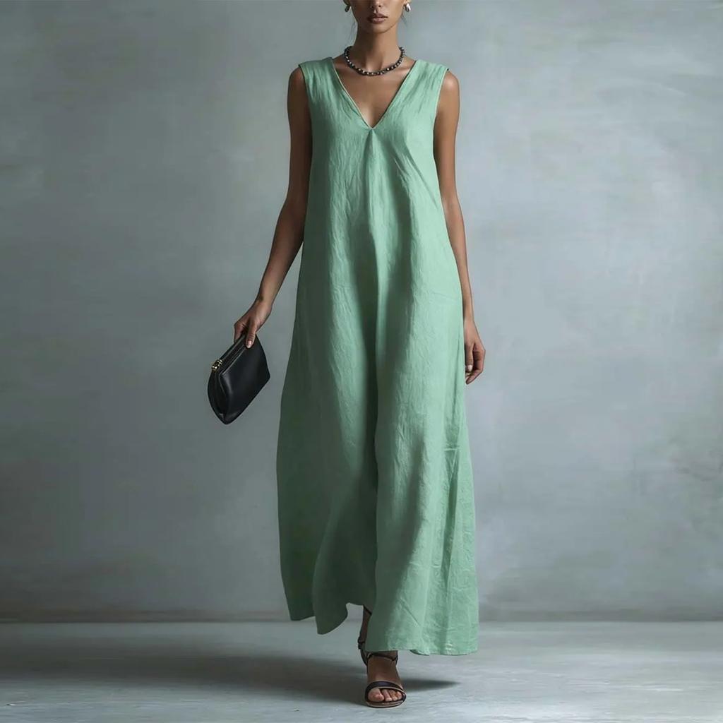 Women Sleeveless V Neck A Line Dress Casual Loose Fit Long Maxi Dress Lightweight Simple Solid Design for Daily Wear