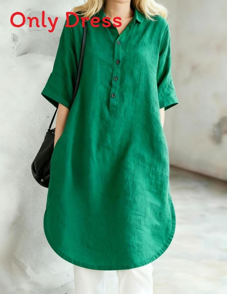 Cotton Linen Casual Dress With Pique Stitch For Summer Leisure Wear For Middleaged Women