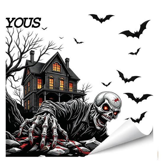Easy Peel Window Graphics Halloween Spooky Bat Static Clings, Ghost House Glass Stickers, Adhesive-Free Beautification Sets Waterproof Decals for Bar