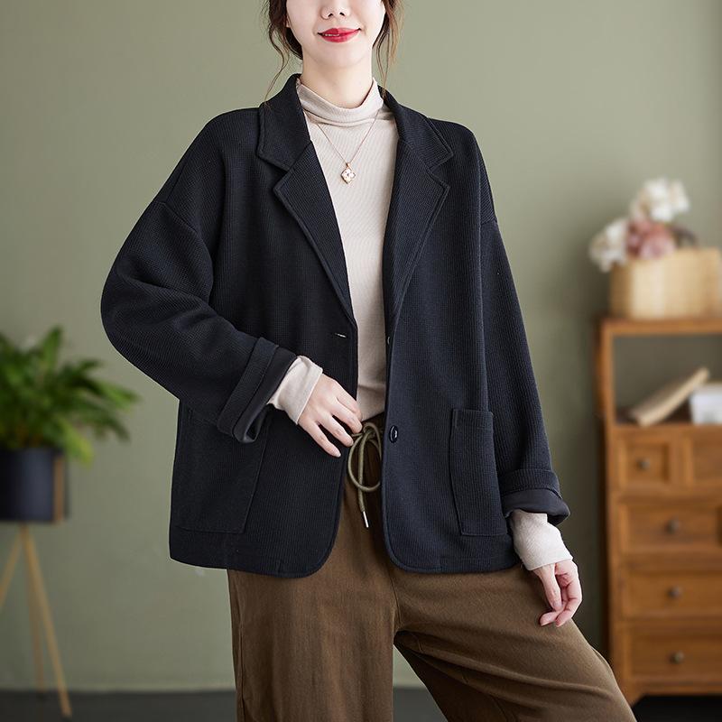 

GMXIA Autumn Waffle Extra Suit Collar Short Loose Long-sleeved Top for Women XL чёрный