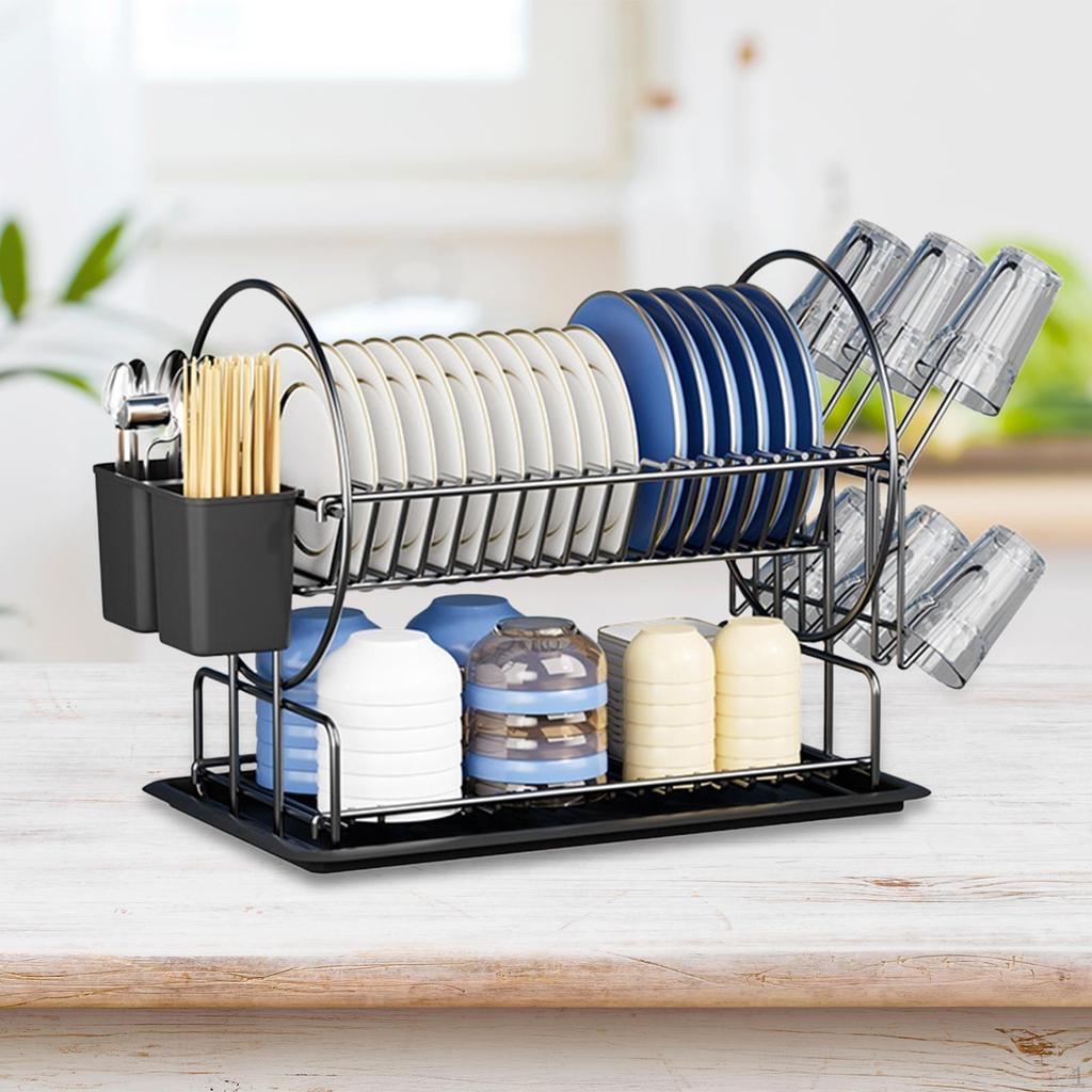 Dish Drying Rack with Cup Holders Space Saving Carbon Steel, Cutlery Holder Drainer for