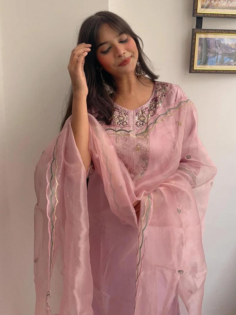 Women Silk Blend Kurta Pant Dupatta Set Designer Party Wear Bollywood Top Tunic Kurti Suit