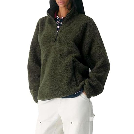 Damen Half-Zip Pullover Fleecejacke Langarm Stehkragen Sherpa Sweatshirt mit Taschen Herbst Flauschige Warme Oberbekleidung