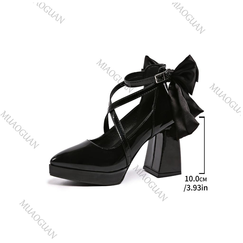 Fashion Women High Heels Shoes Sexy Pointed Toe Bow Cross Strap Buckle Pumps Black Platform Temperament Fashion Thick Heeled Dress Shoes