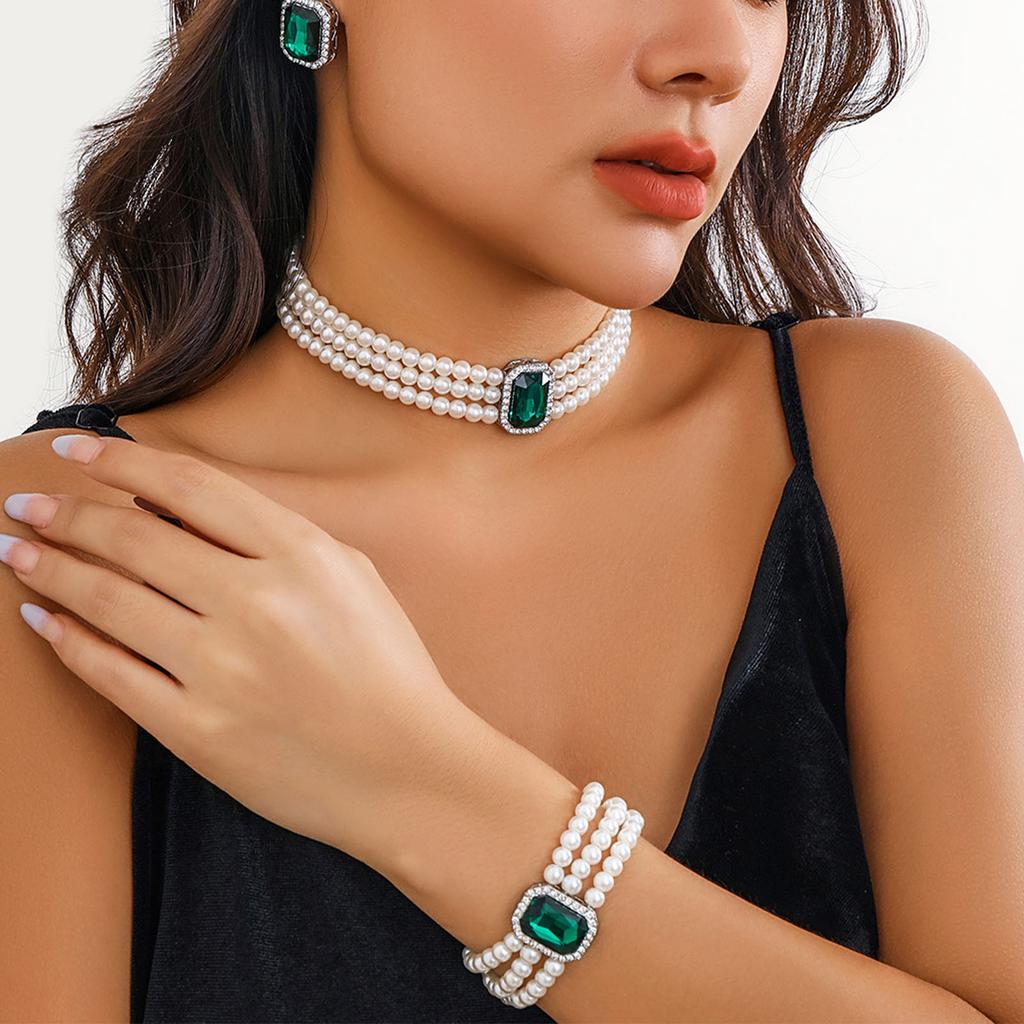 Imitation Pearl Necklace Set Earring Bracelet Multi Layer Women French Elegant Light Luxury Beaded Gem Stone Square