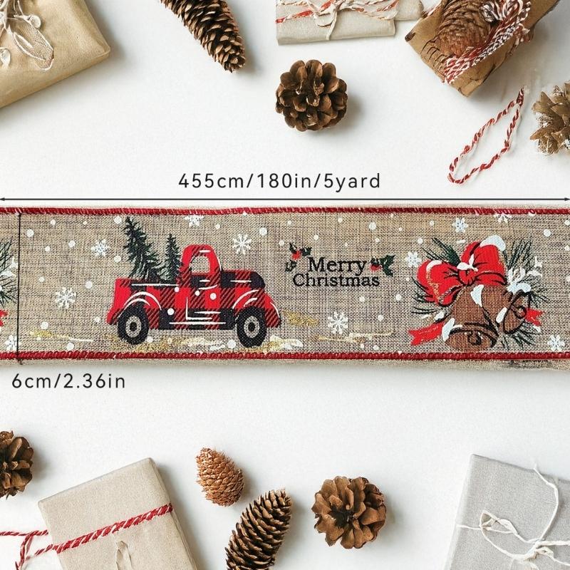 2 Rolls Bucolic Burlap Style Ribbon With Santa Sleigh Bells Holiday Homes Decoration Accessories