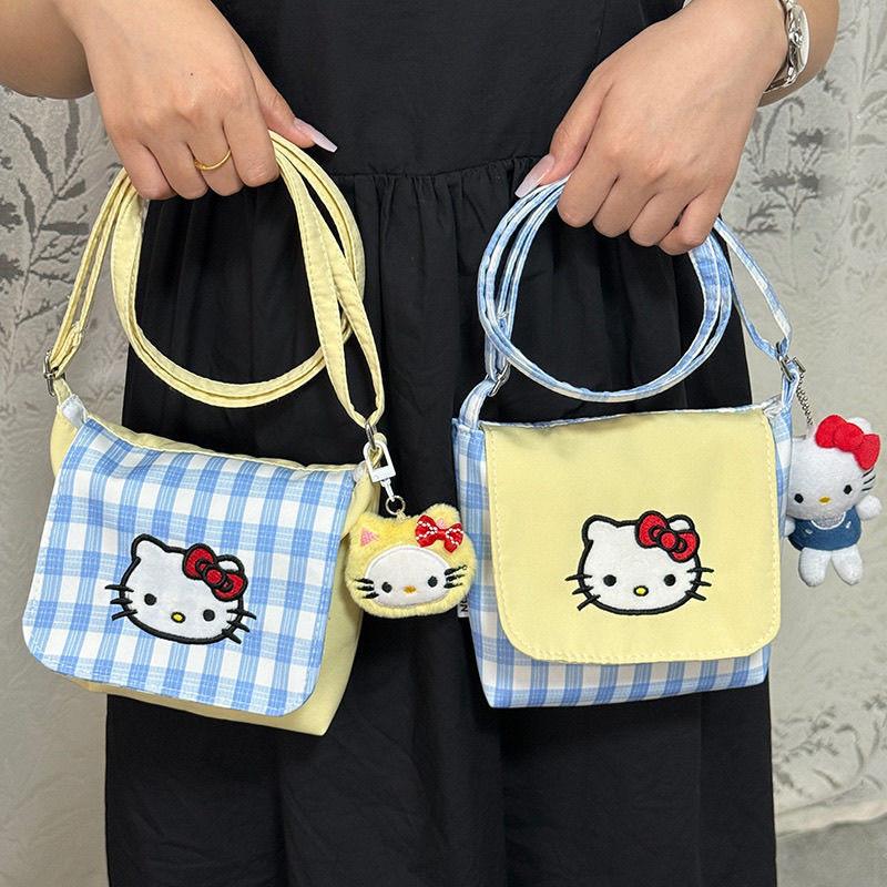 Hello Kitty Fashion Crossbody Bag With Plaid Pattern And Nylon Material For Women