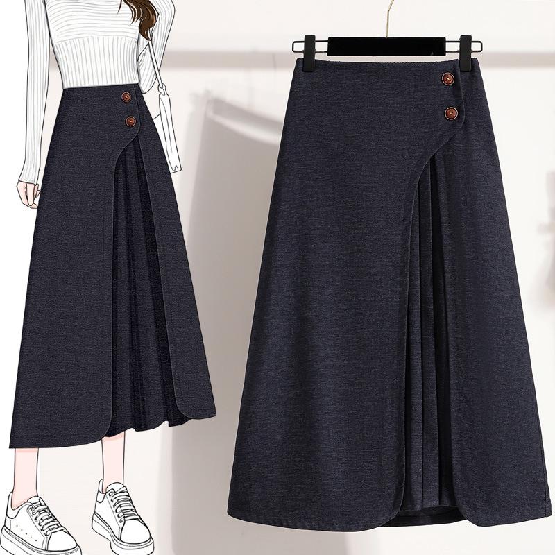 

2026 Spring Plus Size Elastic Waist Pleated Denim Skirt - Mid-Length, Loose Fit XL темно-синий