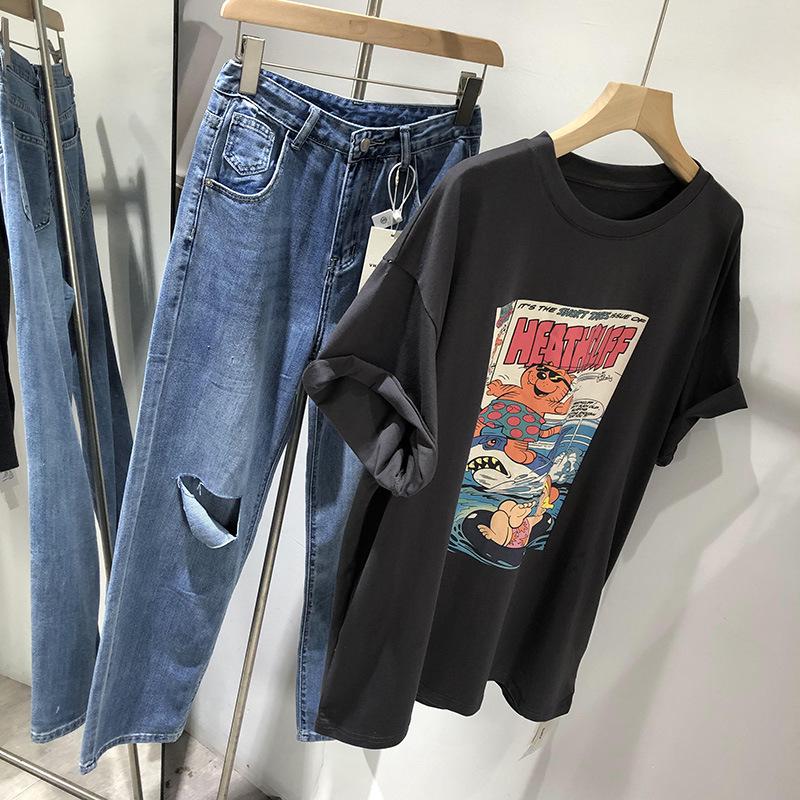 Women's Oversized Cartoon Print Morandi Color T-Shirt