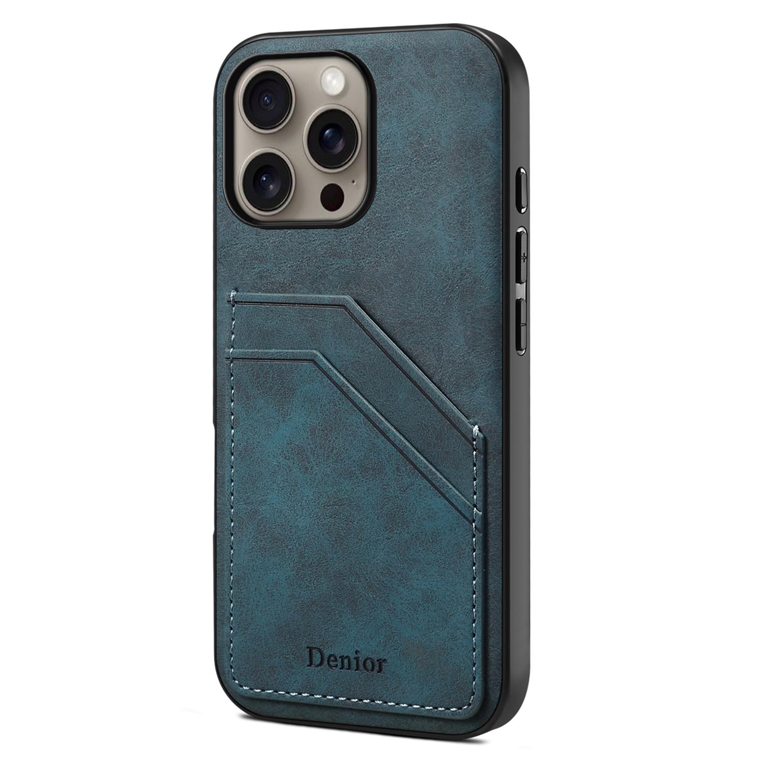 DENIOR For iPhone 16 Pro Max Case Dual Card Slots PU Leather+TPU+PC Phone Cover A