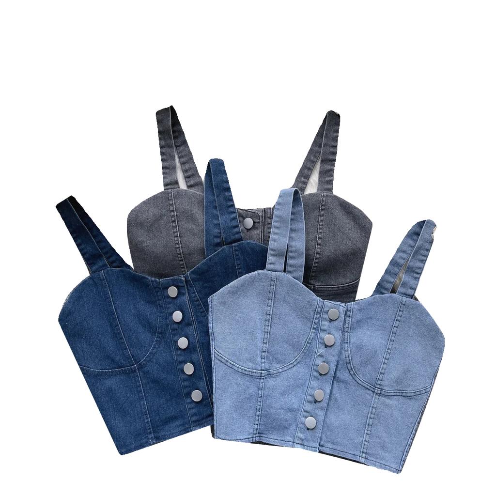 Hongkongský styl Retro Džínový top Dámský Design Jednořadé Slim fit Krátký Pupík Sexy Gyaru Sle Cami Móda