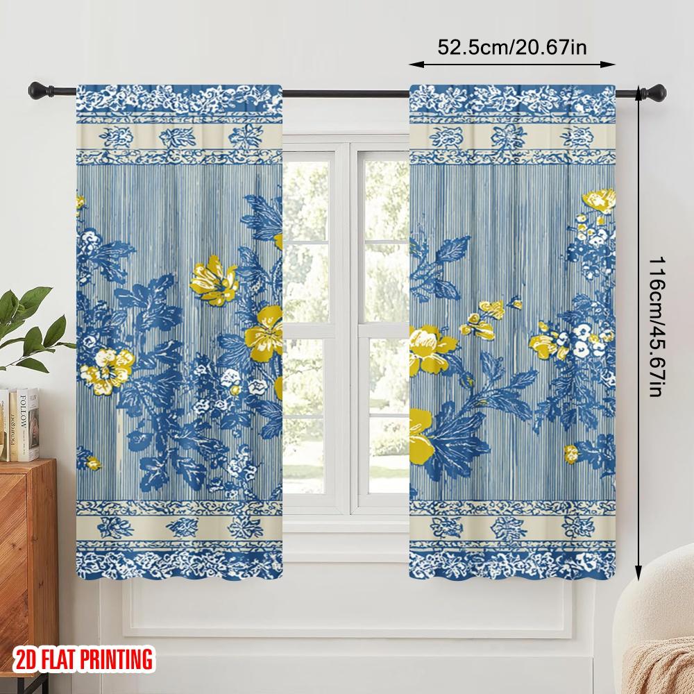 2pcs,2D Plane Printing Print Curtains Blue Yellow Floral Stripes Polyester (without Rod) Decorations Inside Use for Bedroom,