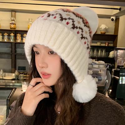 New Fair Island Wind Autumn and Winter Female Cute Ear Protection Wool Hat Outdoor Hairball Warm Ski Cold Knitted Hat